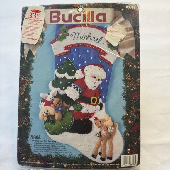 VTG Bucilla 1993 “SANTA & RUDOLPH" Felt Christmas Stocking Kit 18" 83013 NIP - Picture 2 of 10